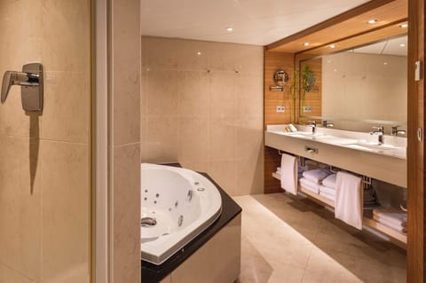 Combined shower/tub, eco-friendly toiletries, hair dryer, bathrobes