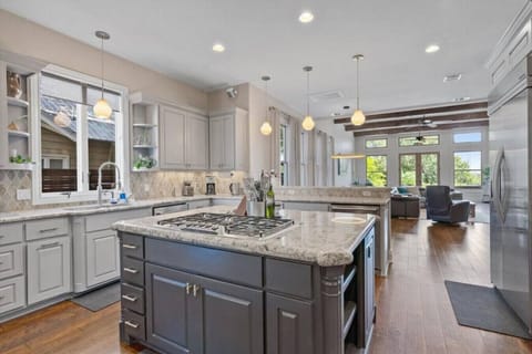 Views of downtown from kitchen, Thermador gas range and built in refrigerator