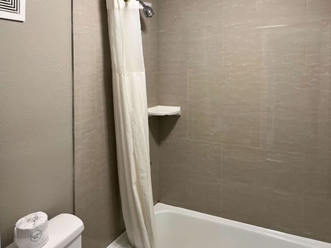 Combined shower/tub, hair dryer, towels, soap