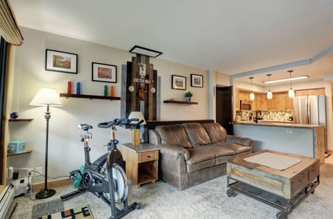 Cozy living room features and a stationary bike and sleeper sofa.