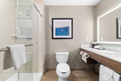 Desk, laptop workspace, blackout drapes, iron/ironing board