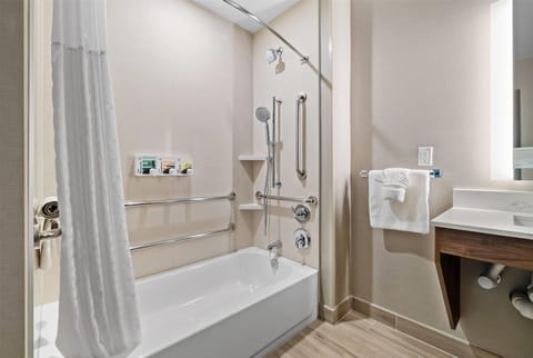 Desk, laptop workspace, blackout drapes, iron/ironing board