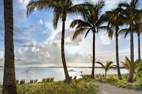 On the beach, white sand, sun loungers, beach umbrellas