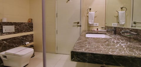 Deluxe Room | Bathroom | Shower, rainfall showerhead, designer toiletries, hair dryer
