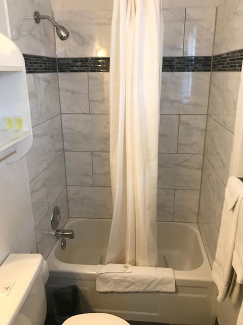 Combined shower/tub, hair dryer, towels