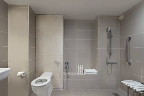 Combined shower/tub, free toiletries, hair dryer, towels