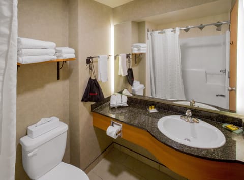 Combined shower/tub, free toiletries, hair dryer, towels