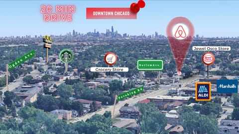 15-20 minutes drive to Downtown Chicago, a lot of restaurants options near by.