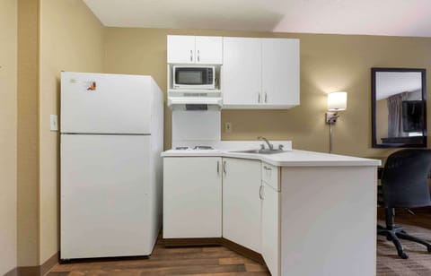 Full-size fridge, microwave, stovetop