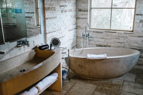 Estate Double Queen | Bathroom | Shower, rainfall showerhead, hair dryer, bathrobes