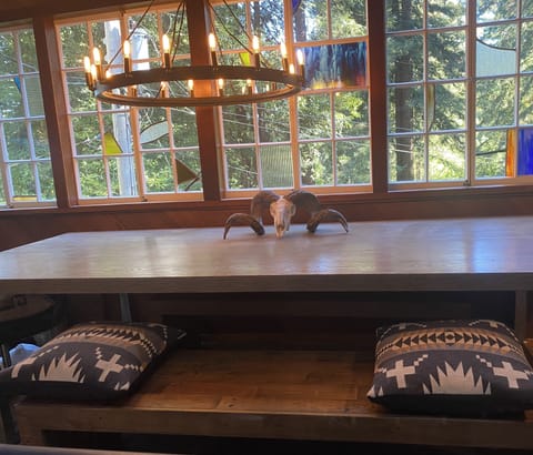 8 foot table on mezzanine for large dining, games or a secluded work space.