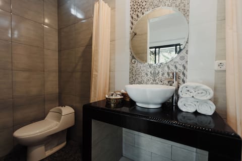 Shower, bidet, towels, soap