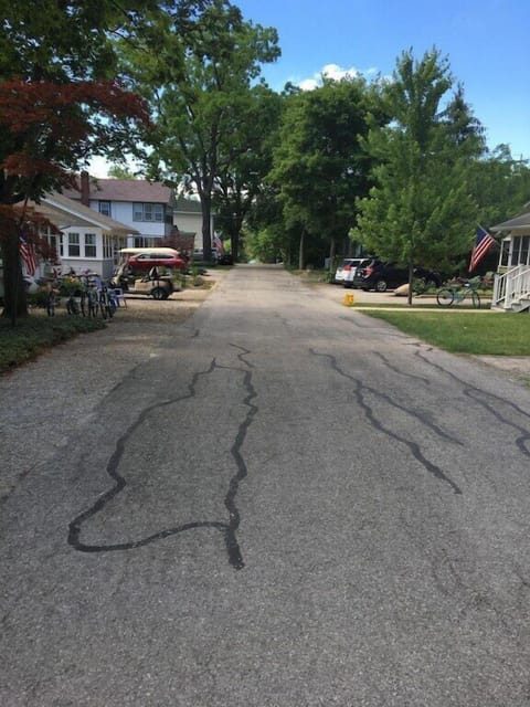 View down the street to the lake: flat and great for kids to play on