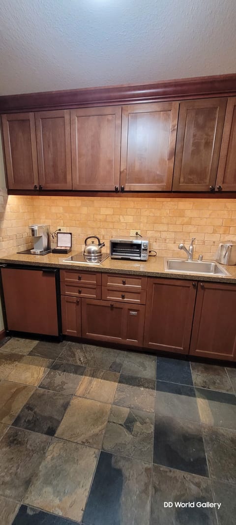 Trey's granite and slate kitchen with roomy refrigerator, microwave, dishwasher