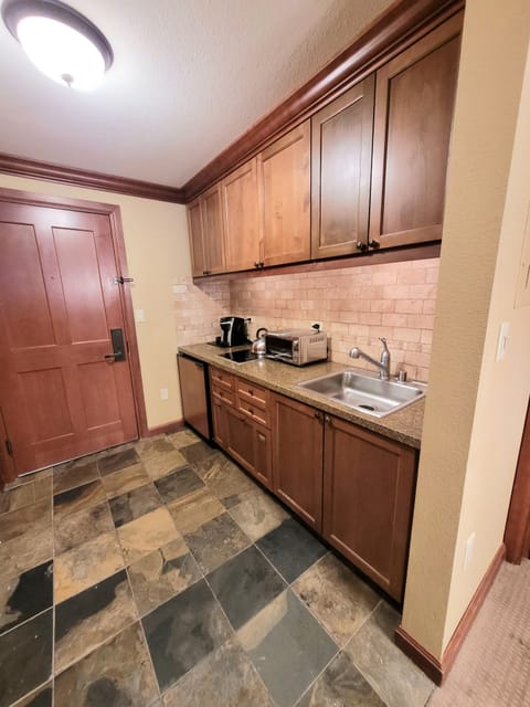 Trey's kitchen with half-fridge, dishwasher, 2 top induction stove, microwave