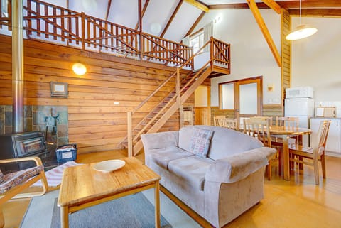 Serenity Chalet | Living area | Flat-screen TV, fireplace, DVD player