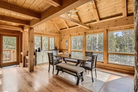 Dining area seating for large group. Plenty of space. Wired for premium sound and music. Next to kitchen, back yard and fireplace. Diming lights at night.