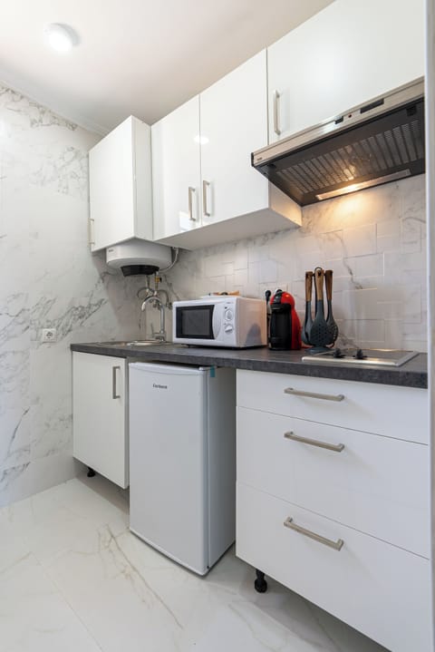 Apartment (G3) | Private kitchen | Full-size fridge, microwave, stovetop, espresso maker