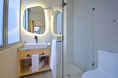 Deluxe Room, 1 Queen Bed | Bathroom | Shower, rainfall showerhead, designer toiletries, hair dryer