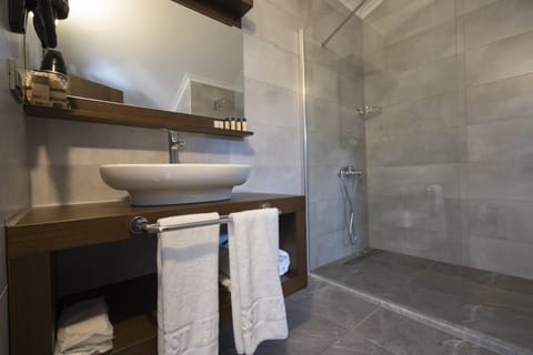 Suite Terrace | Bathroom | Shower, rainfall showerhead, designer toiletries, hair dryer