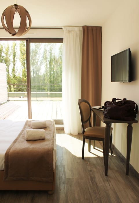 Relax on the comfy bed after a day outside.