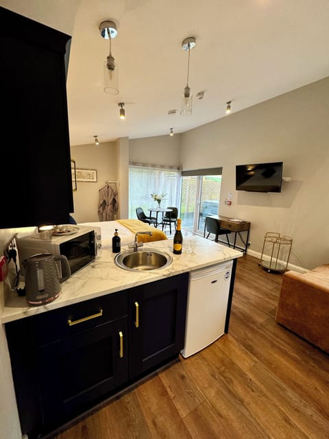 Electric kettle, toaster, cookware/dishes/utensils, cleaning supplies