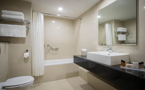 Combined shower/tub, eco-friendly toiletries, hair dryer, towels