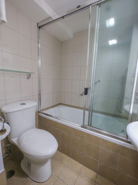 Shower, free toiletries, bidet, towels