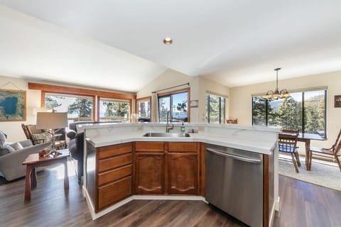 Prepare delicious meals while taking in the gorgeous view over the surrounding trees with Lake Tahoe shimmering across the way.