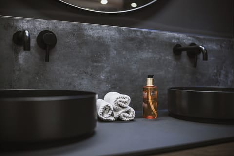 Separate tub and shower, rainfall showerhead, hair dryer, bathrobes