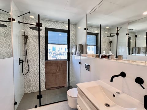 Deluxe Apartment | Bathroom | Shower, hair dryer, towels, soap