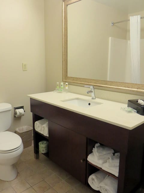 Combined shower/tub, free toiletries, hair dryer, towels