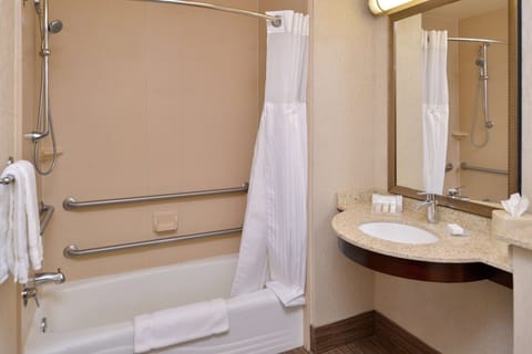 Combined shower/tub, free toiletries, hair dryer, towels