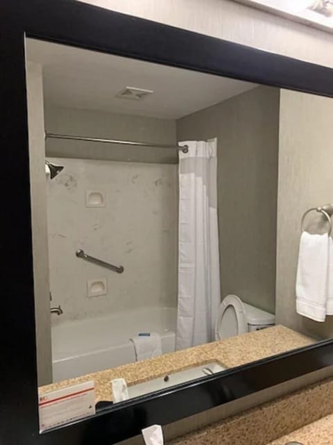 Combined shower/tub, free toiletries, hair dryer, towels