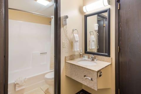 Separate tub and shower, rainfall showerhead, hair dryer, towels