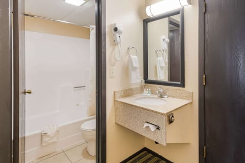 Separate tub and shower, rainfall showerhead, hair dryer, towels