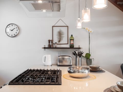 Stove top and breakfast bar area