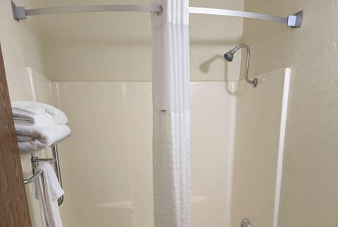 Combined shower/tub, free toiletries, hair dryer, towels