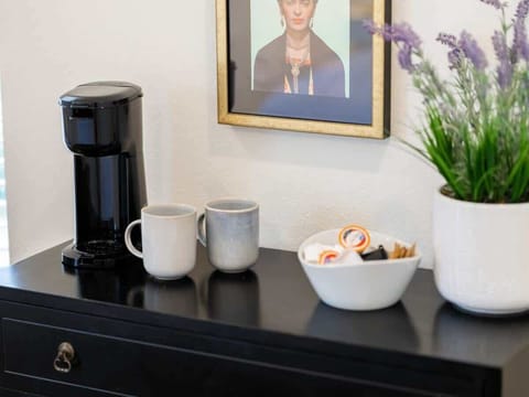 Brew your morning coffee with our Keurig setup—mugs and condiments provided.