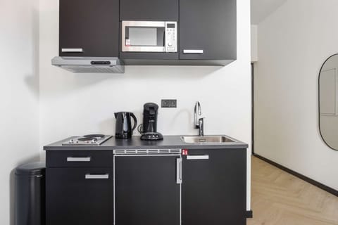 Deluxe Studio | Private kitchen | Full-size fridge, freezer, dining tables