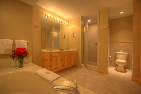 Combined shower/tub, designer toiletries, hair dryer, bathrobes