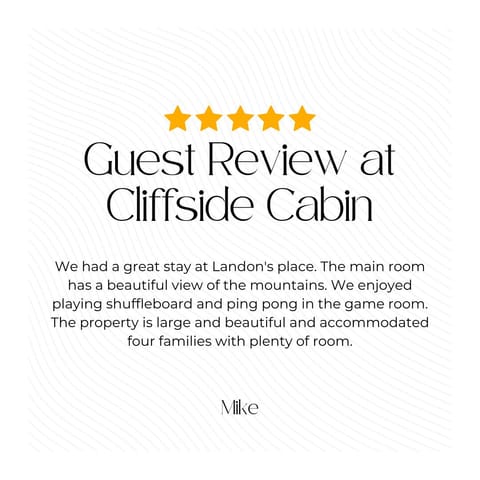 To see what previous guests have loved about their stay at Cliffside Cabin, just check out our fantastic online guest reviews!