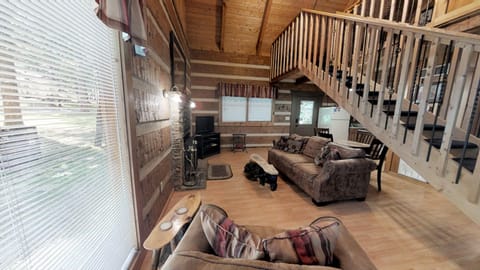 Cabin, 1 King Bed with Sofa bed, Hot Tub | Living area | 40-inch TV with cable channels, fireplace