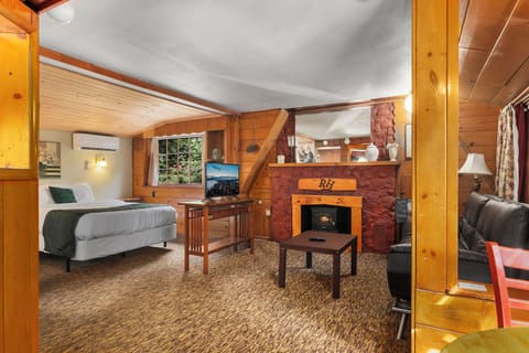 Queen bed and living area