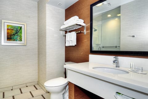 Combined shower/tub, eco-friendly toiletries, hair dryer, towels