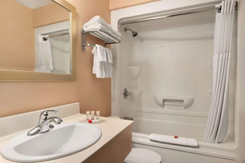 Combined shower/tub, eco-friendly toiletries, hair dryer, towels