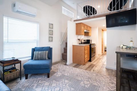 Steep stairs lead to loft