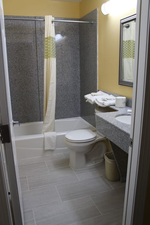 Combined shower/tub, deep soaking tub, hair dryer, towels
