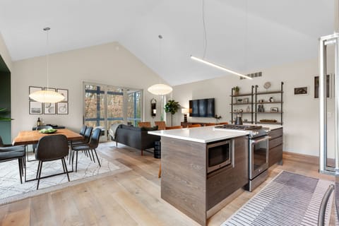 Kitchen, dining, and living room