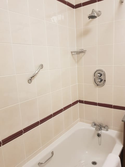 Combined shower/tub, free toiletries, hair dryer, towels